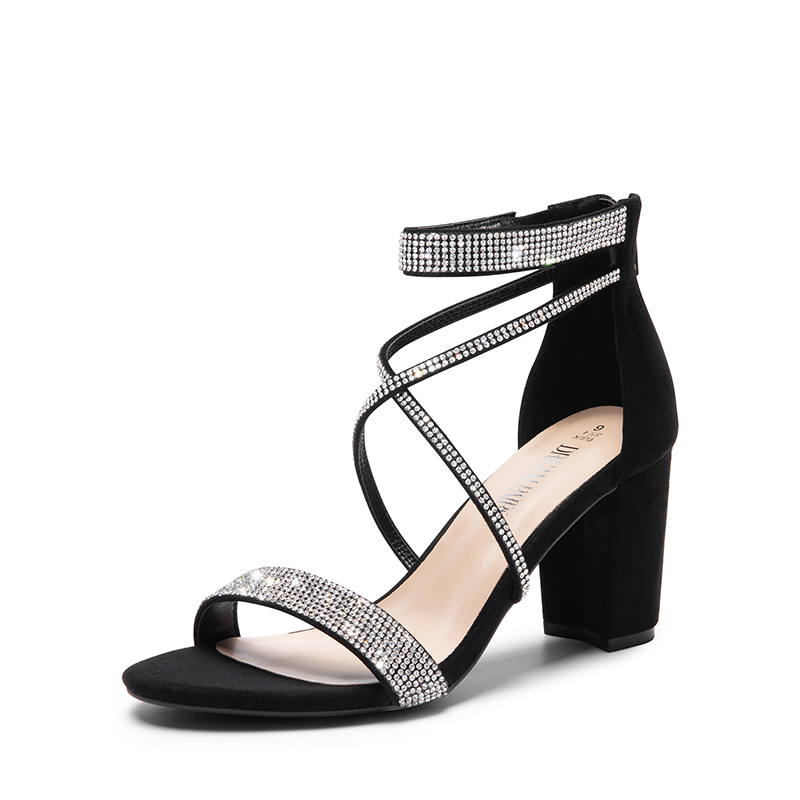 Rhinestone Block Heel Sandals-DREAM PAIRS