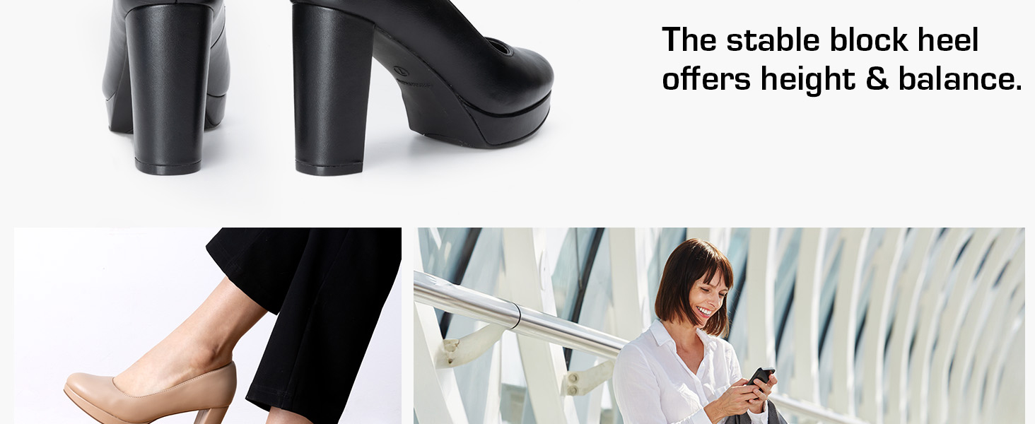 NAVY PU Round-Toe Arch Support Block Heel Pumps