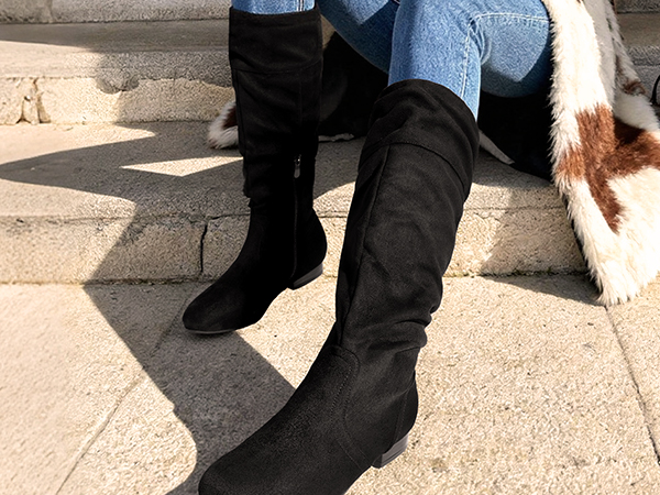 Women's Flat Knee High Boots in Leather & Suede-Dream Pairs