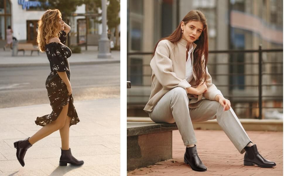 Various fashion boot styling examples showing how to wear ankle boots with different outfits from casual to formal occasions