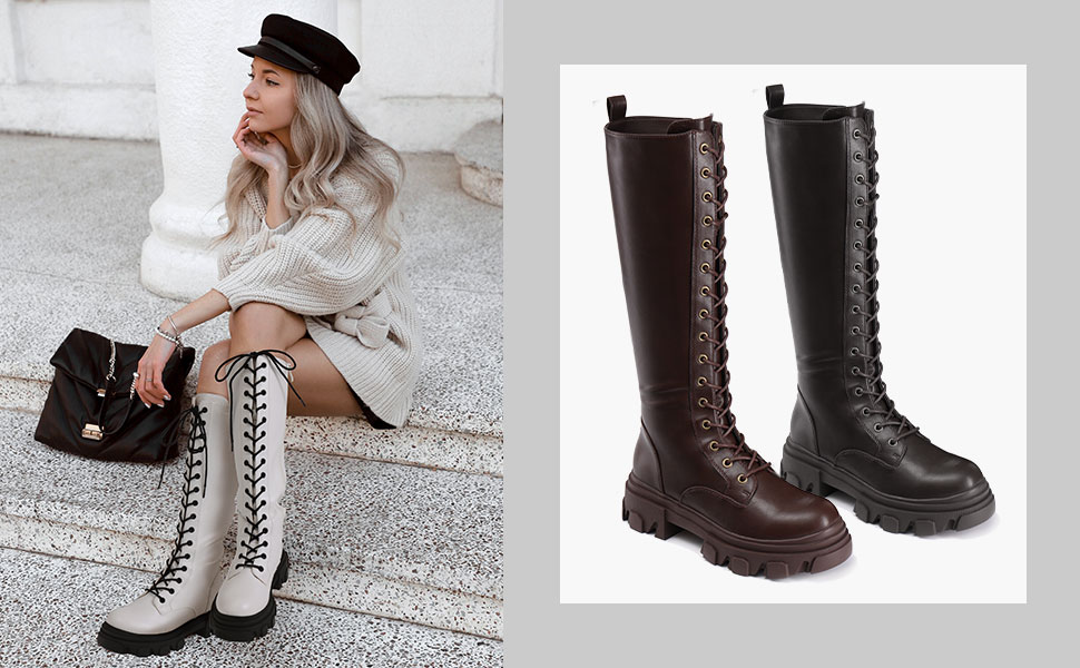 Lace Up Knee High Boots Platform Chunky Boots Dream Pairs