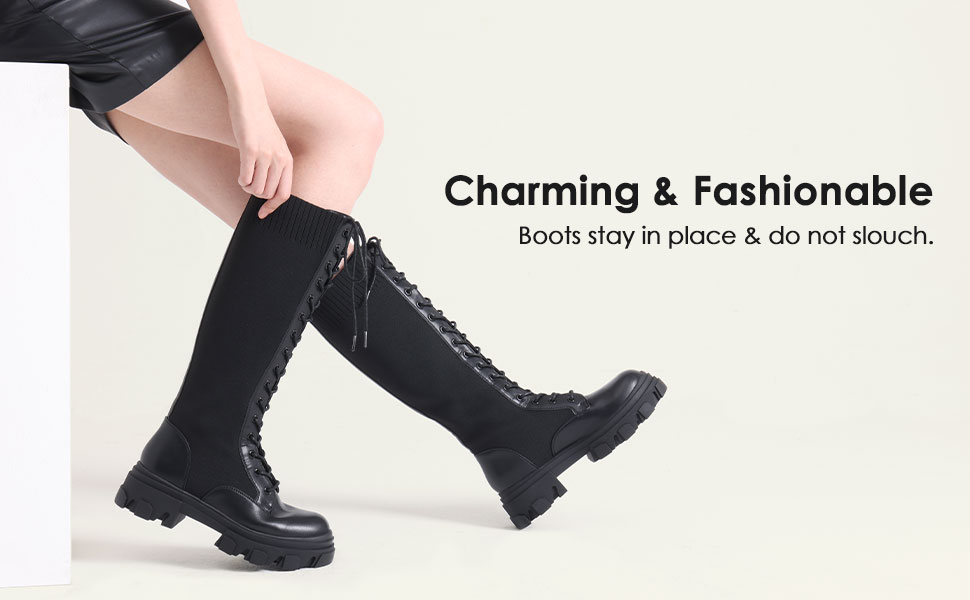 Lace Up Knee High Boots | Platform Chunky Boots-Dream Pairs