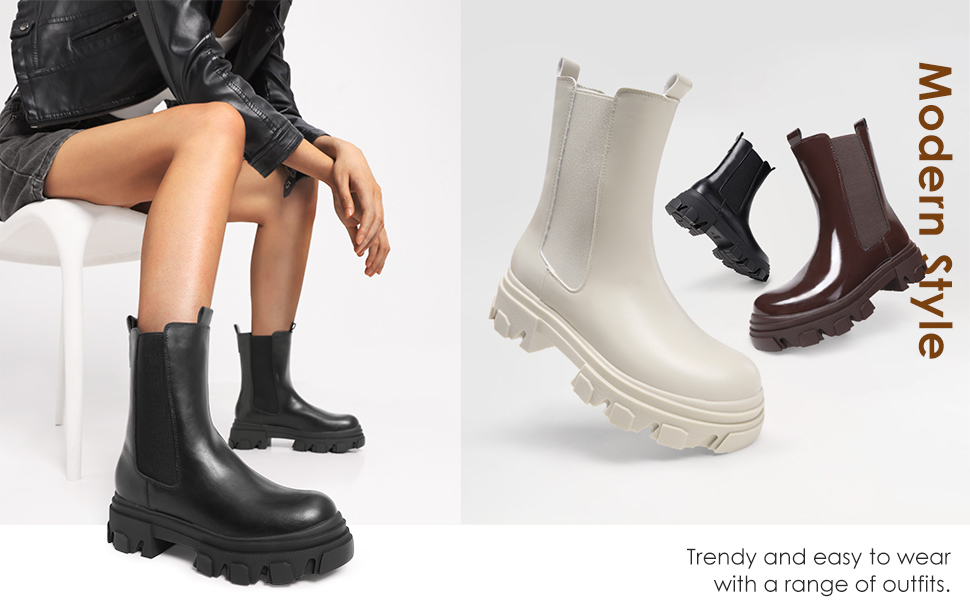 DREAM PAIRS Women's DMB212 Platform Chelsea Boots Lug Sole Combat Mid Calf Slip On Chunky Ankle Booties Brown Size 9.5　並行輸入品 DREAM PAIRS Womens DMB212 Platform Chelsea Boots Lug Sole Combat