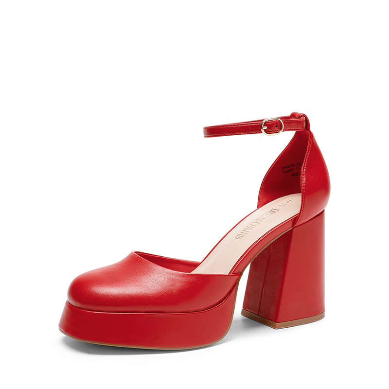 Red platform pumps with ankle strap store