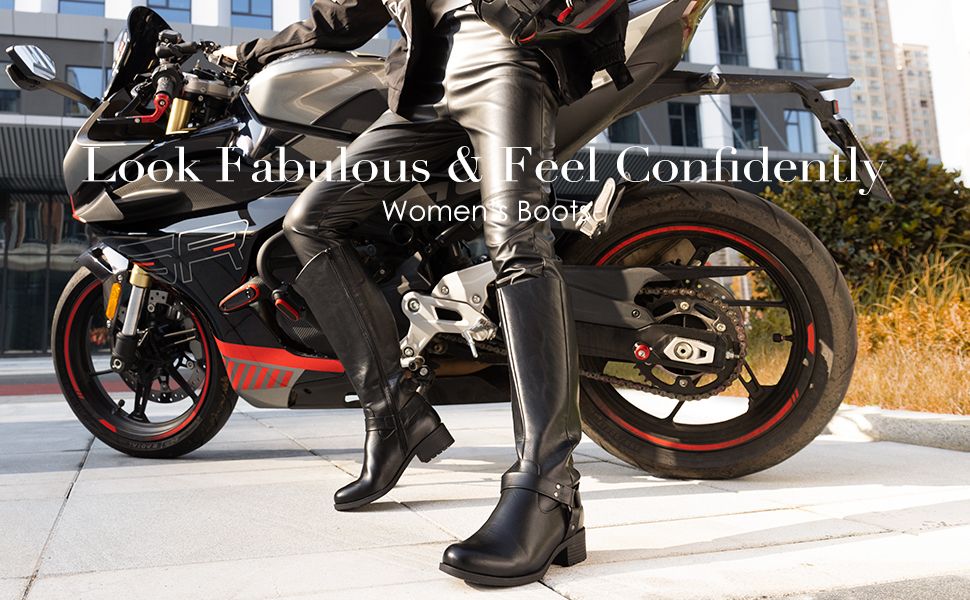 【COLOR iN ID】Two buckle zipper long boots Amazon.com | Aizhenzm Black Moto Boots Women Buckle Biker