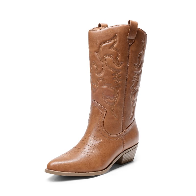 Chic Women's Mid-Calf Western Cowboy Boots with Tassel & Studded Details, Pointed Toe, Chunky Heel - Slip-On Casual Style