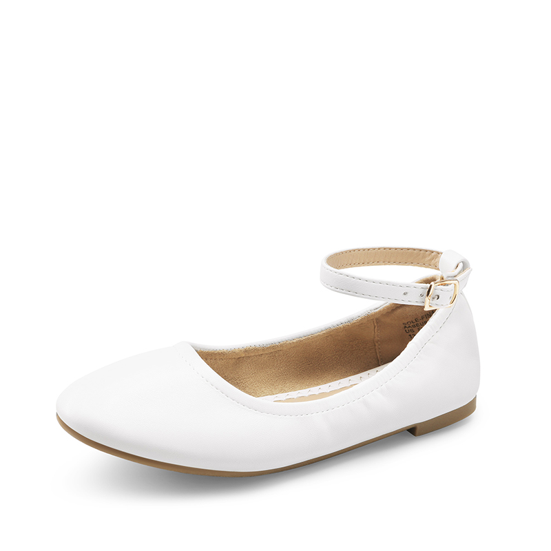 White ballet flats with ankle strap top