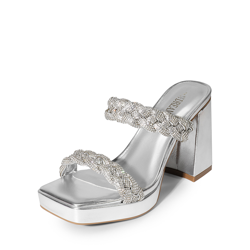 Rhinestone Double-Strap Braided Heel Sandals-Dream Pairs