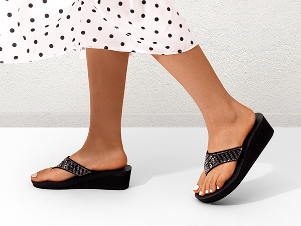 Platform Rhinestone Wedge Flip Flops-DREAM PAIRS