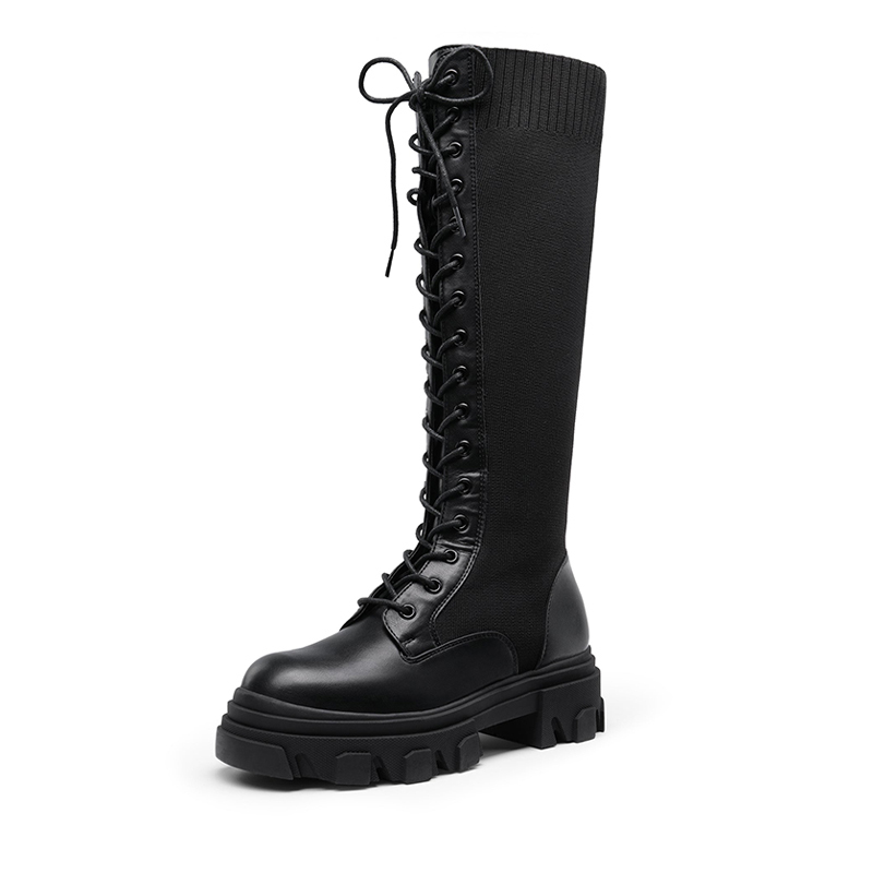 Black Lace-Up Platform Knee-High Boots - Women main image 4