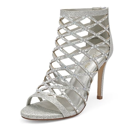 RIBONGZ Women's Strappy Heeled Sandals – Square Open Toe Ankle Strap Chunky Heels, Silver, Size 8