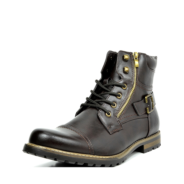 Men's Side Zipper Motorcycle Combat Boots - DARK BROWN -  0