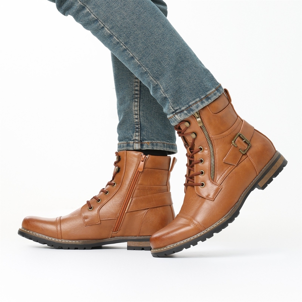 Men's Side Zipper Motorcycle Combat Boots - BROWN - 7