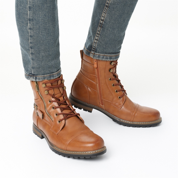 Men's Side Zipper Motorcycle Combat Boots - BROWN - 6
