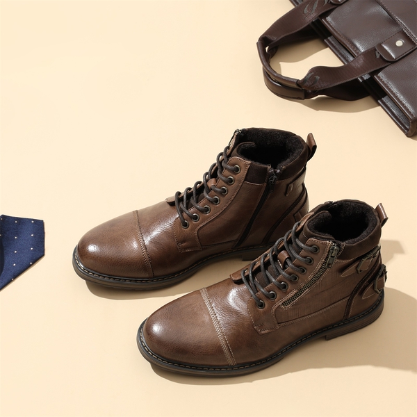 Men's Fur-Lined Combat Dress Boots - CAMEL - 8