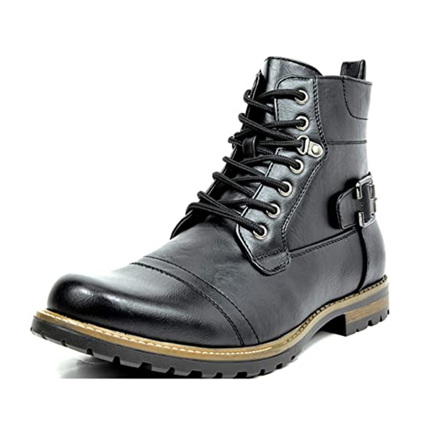 Men's Vegan Leather Motorcyle Combat Boots - BLACK -  0