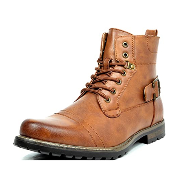 Men's Vegan Leather Motorcyle Combat Boots - BROWN -  0