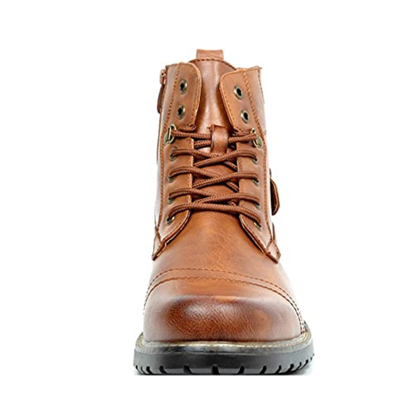 Men's Vegan Leather Motorcyle Combat Boots - BROWN - 1