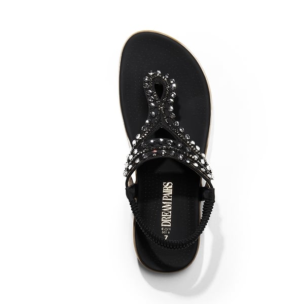 Rhinestone T-Strap Flat Thong Sandals - BLACK - 4