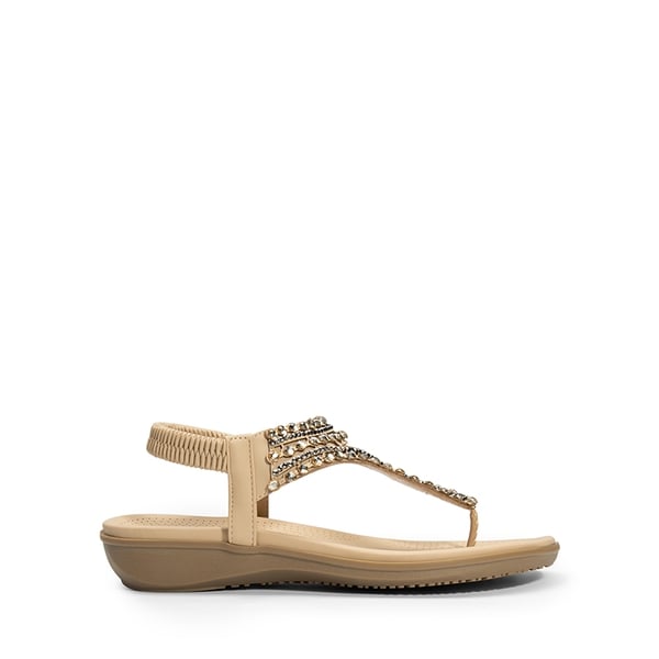 Rhinestone T-Strap Flat Thong Sandals - NUDE - 3