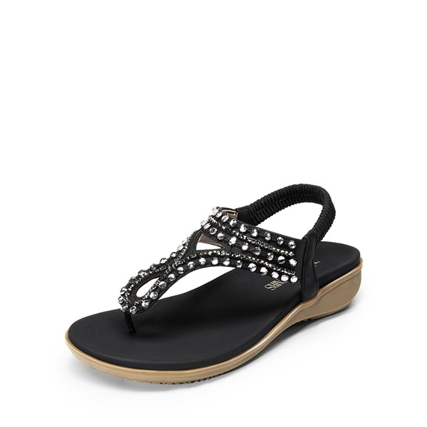 Rhinestone T-Strap Flat Thong Sandals - BLACK -  0