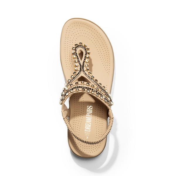 Rhinestone T-Strap Flat Thong Sandals - NUDE - 4