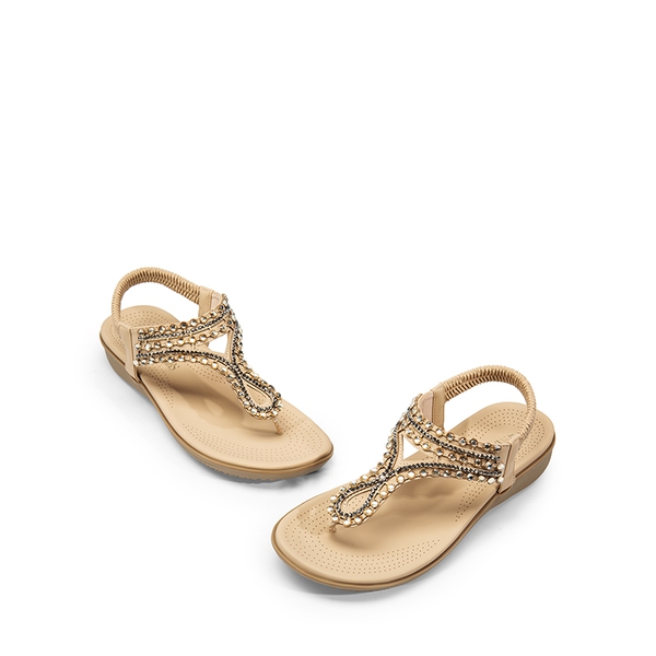 Rhinestone T-Strap Flat Thong Sandals - NUDE - 6
