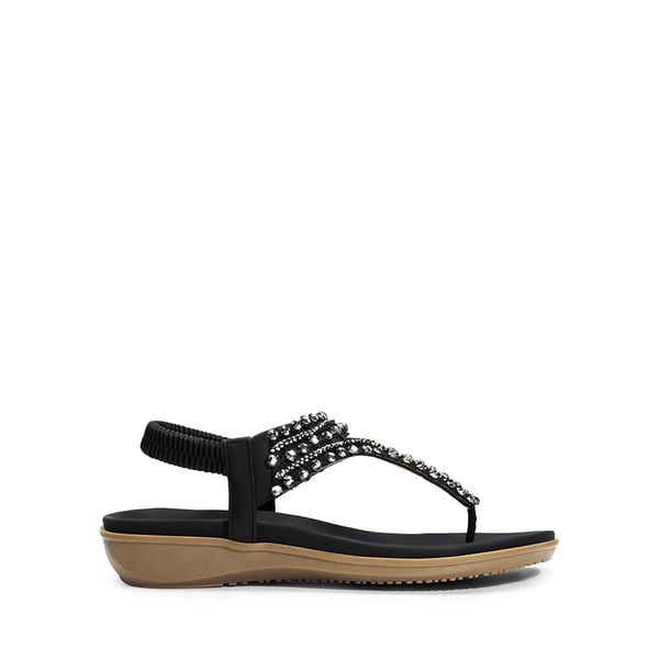 Rhinestone T-Strap Flat Thong Sandals - BLACK - 3