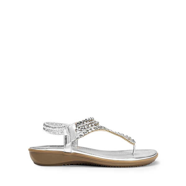 Rhinestone T-Strap Flat Thong Sandals - SILVER - 3