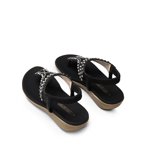 Rhinestone T-Strap Flat Thong Sandals - BLACK - 5