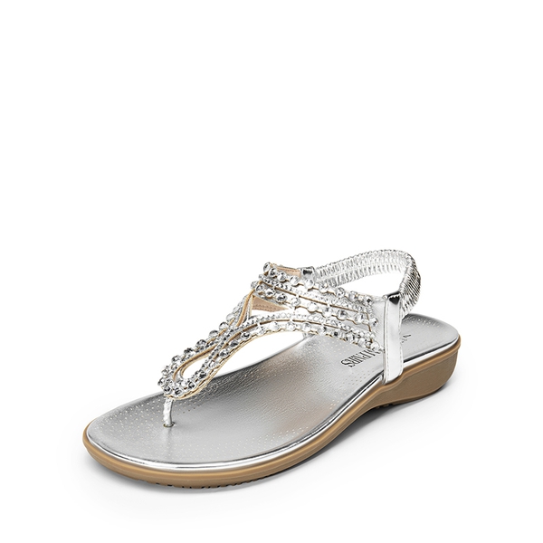 Rhinestone T-Strap Flat Thong Sandals - SILVER -  0