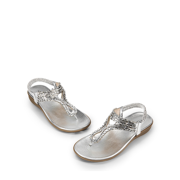 Rhinestone T-Strap Flat Thong Sandals - SILVER - 6