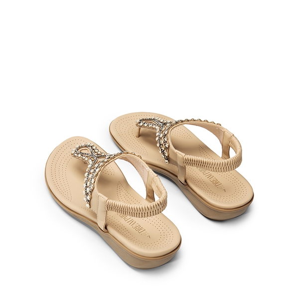 Rhinestone T-Strap Flat Thong Sandals - NUDE - 5