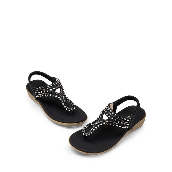 Rhinestone T-Strap Flat Thong Sandals - BLACK - 6