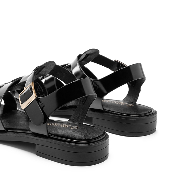 Gladiator Woven Fisherman Flat Sandals - BLACK PAT - 4