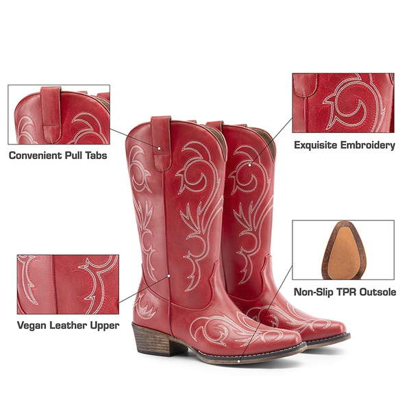 Square-toe Mid-Calf Cowgirl Boots - RED - 7