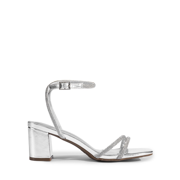 Asymmetric Strap Block Heel Sandals - SILVER-RHINESTONE - 3