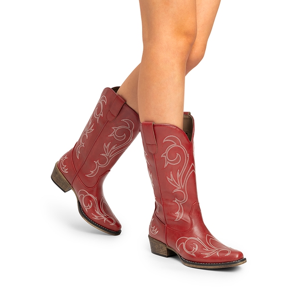 Square-toe Mid-Calf Cowgirl Boots - RED - 1