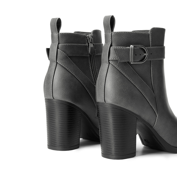 Vegan Leather Chunky Heel Ankle Boots - GREY-PU - 4