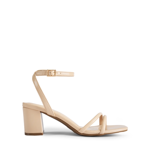Asymmetric Strap Block Heel Sandals - NUDE-PU - 3