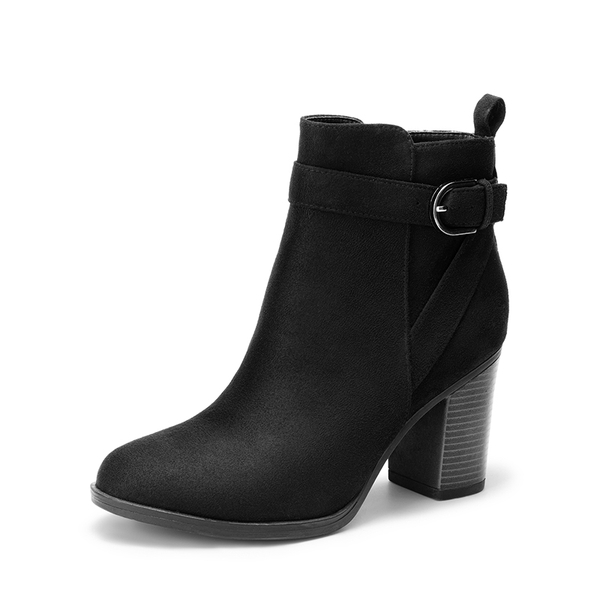 Vegan Leather Chunky Heel Ankle Boots - BLACK-SUEDE -  0