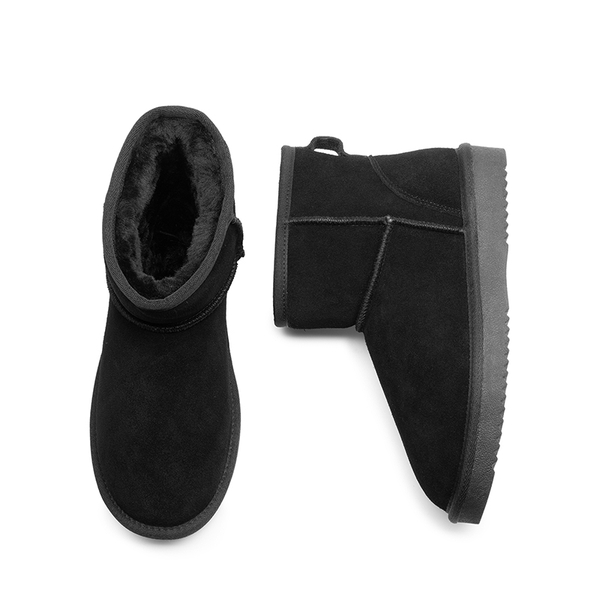 [FuzzyClassic Il Low Boot] Suede Slip-On Snow Ankle Boots - BLACK - 6