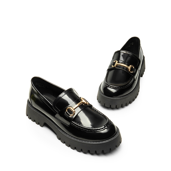 Metallic Vegan Leather Slip-on Loafers - BLACK-PAT - 4