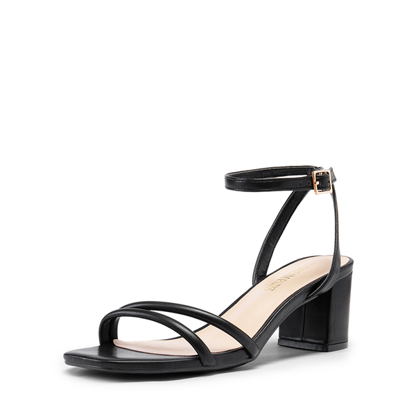 Asymmetric Strap Block Heel Sandals - BLACK-PU -  0