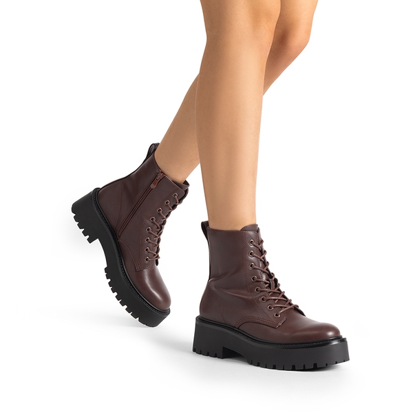 Chunky Non-Slip Combat Ankle Boots - DARK BROWN-PU - 2