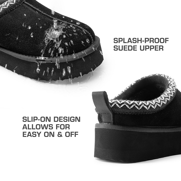 [FuzzyEasy Women's Platform Slip-on] Plush Fur-Lined Winter Platform Slippers - BLACK - 5