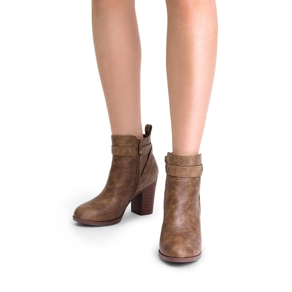 Vegan Leather Chunky Heel Ankle Boots - TAN-PU - 1