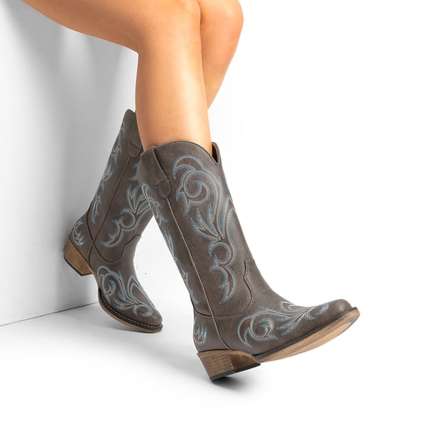 Square-toe Mid-Calf Cowgirl Boots - BROWN - 2