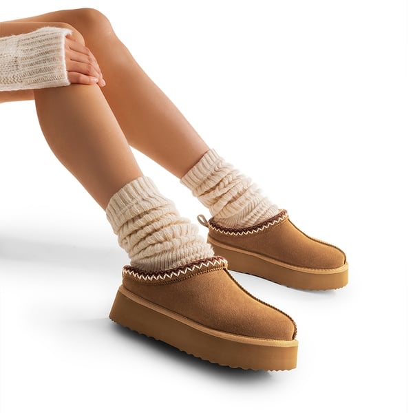 [FuzzyEasy Women's Platform Slip-on] Plush Fur-Lined Winter Platform Slippers - CHESTNUT - 2