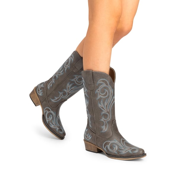 Square-toe Mid-Calf Cowgirl Boots - BROWN - 1